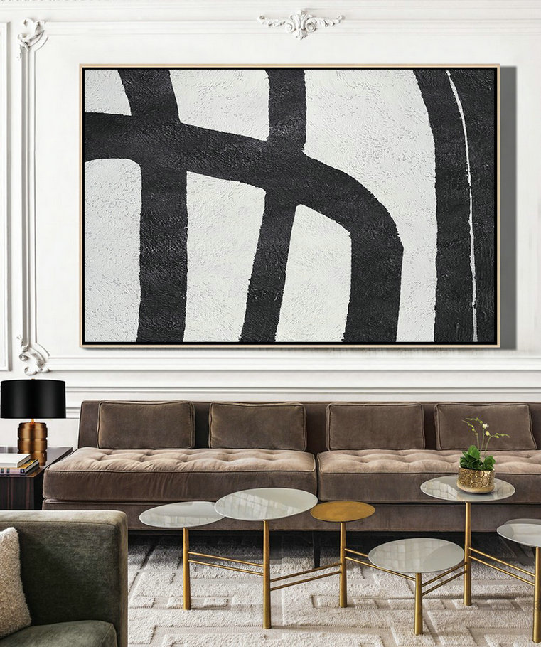 Modern Paintings On Canvas,Hand Painted Oversized Horizontal Minimal Art On Canvas, Black And White Minimalist Painting - Size Extra Large Abstract Art